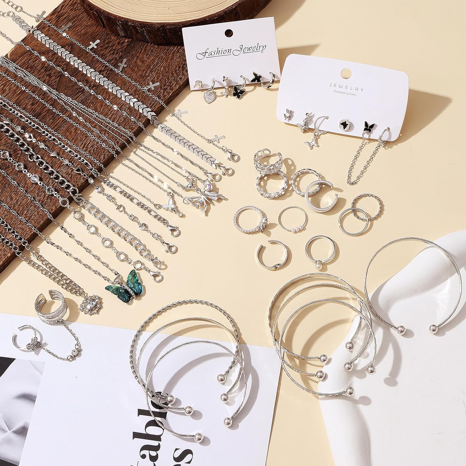 42 Pcs(10 Pack) Silver Plated Jewelry Set for Women With 3 Necklace 8 Bracelet 7 Bangle 12 Ring 12 Pcs Stud Earring Hoop Sparkle Butterfly Pack for Happy - Image 2