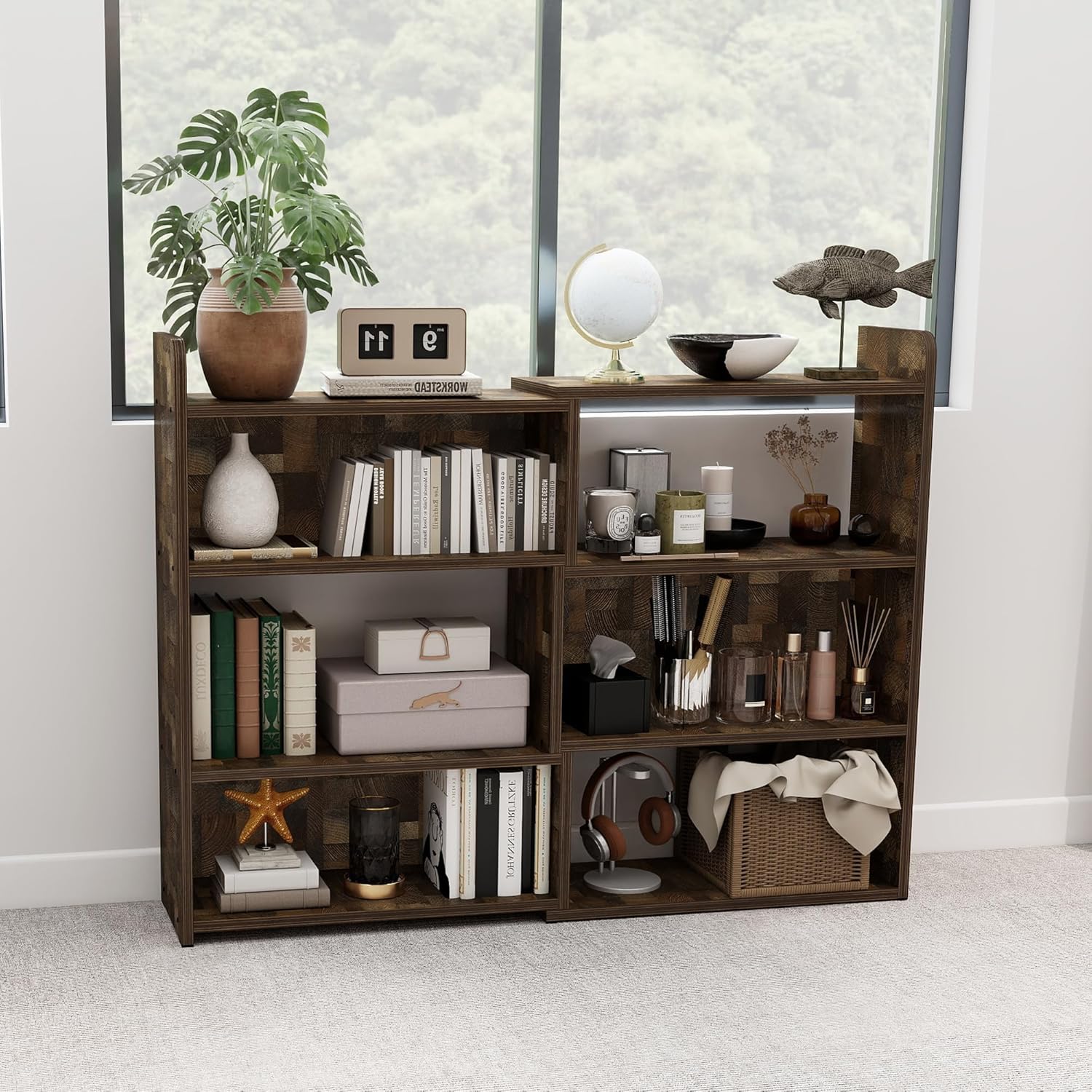 NOBPEINT Wooden Expandable Bookcase, 3-Tier Ladder Open Storage Bookshelf, Storage Organizer Bookcase for Study Office Living Room, Brown