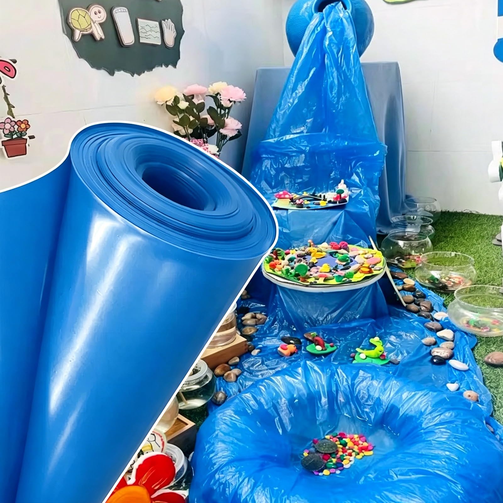 Yopappol Cuttable Blue Waterproof Pond Liner, 1x6m 2x3m 3x4m 4x10m 6x12m 7x8m Pond Underlayment, Flexible Impermeable Membrane for Waterfalls, Streams & Small Landscape Pool(3x5m(9.8x16.4ft))
