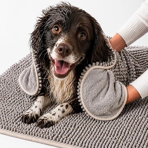 Pet 2-in-1 Dog Towel & Mat – Transforms from Drying to Bath Mat, Ultra Soft, Absorbent & Quick-Drying, Machine Washable Dog Towels with Detachable Non-Slip Mat and Hand Pockets (Medium)