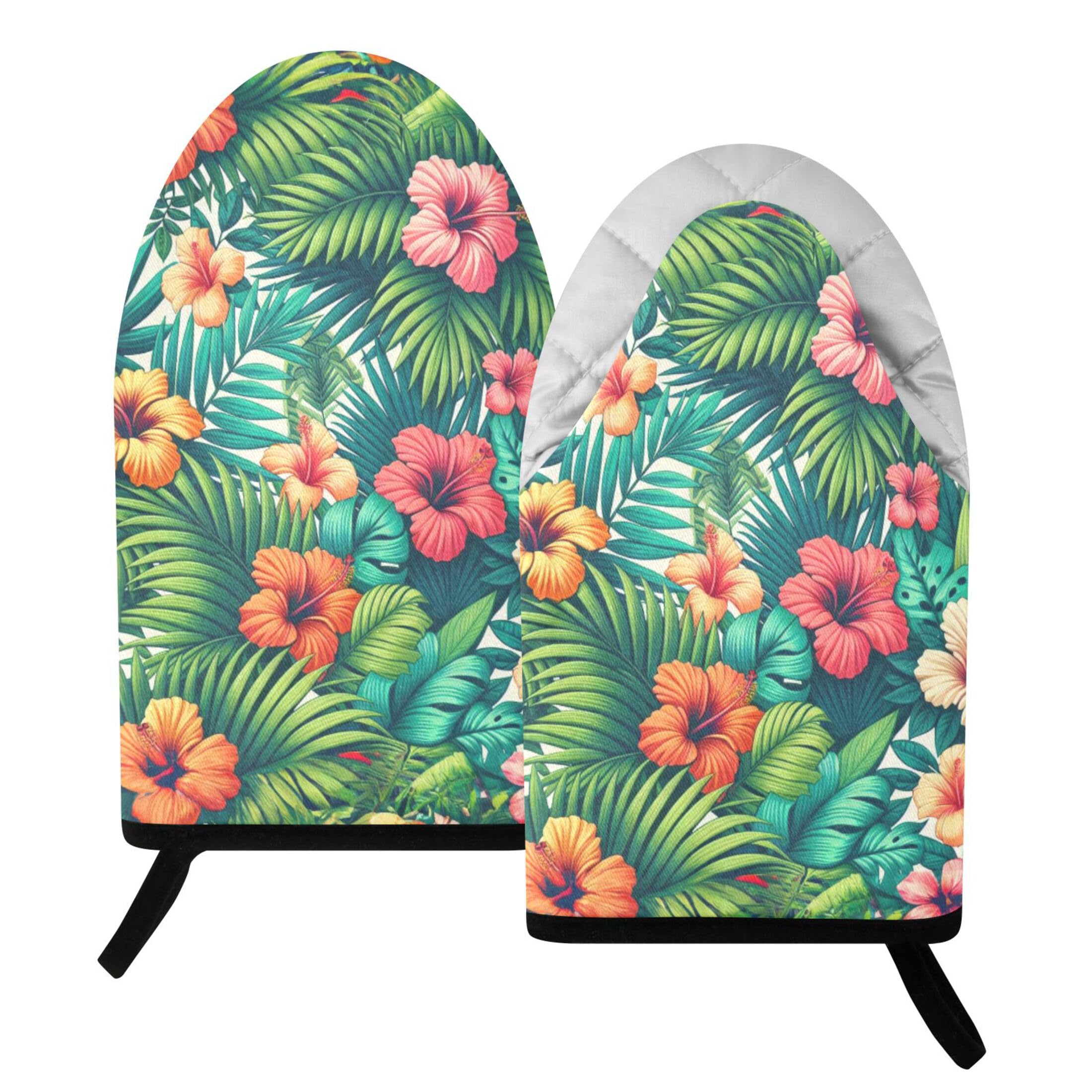 Fuauuyl Oven Mitts Heat Resistant Kitchen Gloves, Tropical Palm Hibiscus Classic Oven Gloves with Hanging Loop for Baking BBQ Cooking Grilling, 1 Pair, 9.5 in