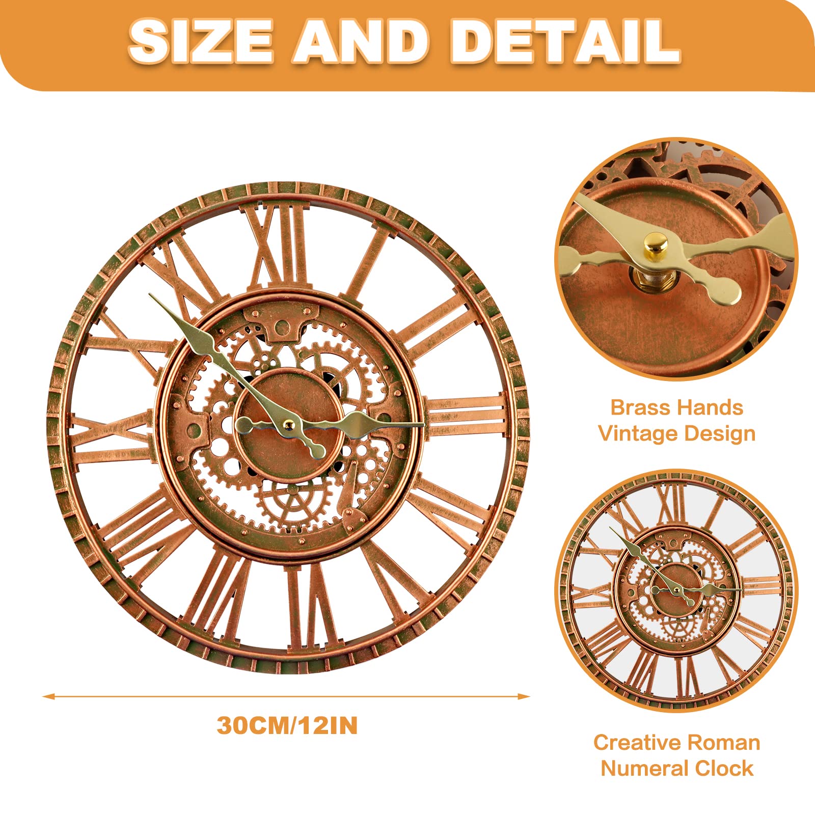 Horloge Murale Extérieur 30cm Étanche IP44 - Style Rétro Cuivre | Parfait Jardin, Cuisine, Salon