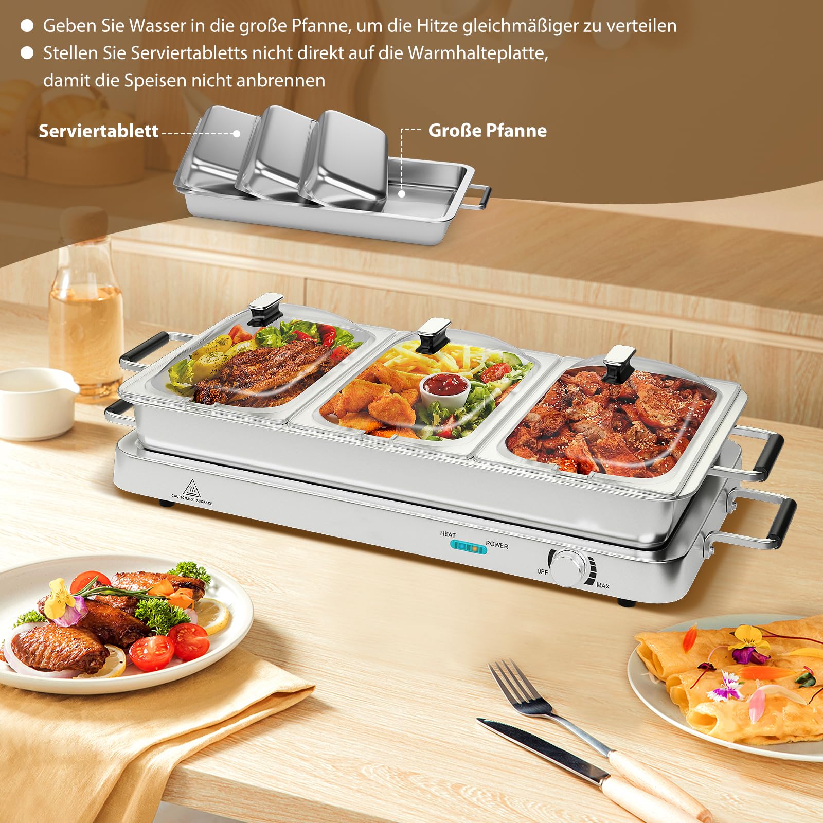 SOARS Warmhaltebehälter elektrisch 450 W, 9L Edelstahl Chafing Dish, 50-150 °C, Buffetwärmer