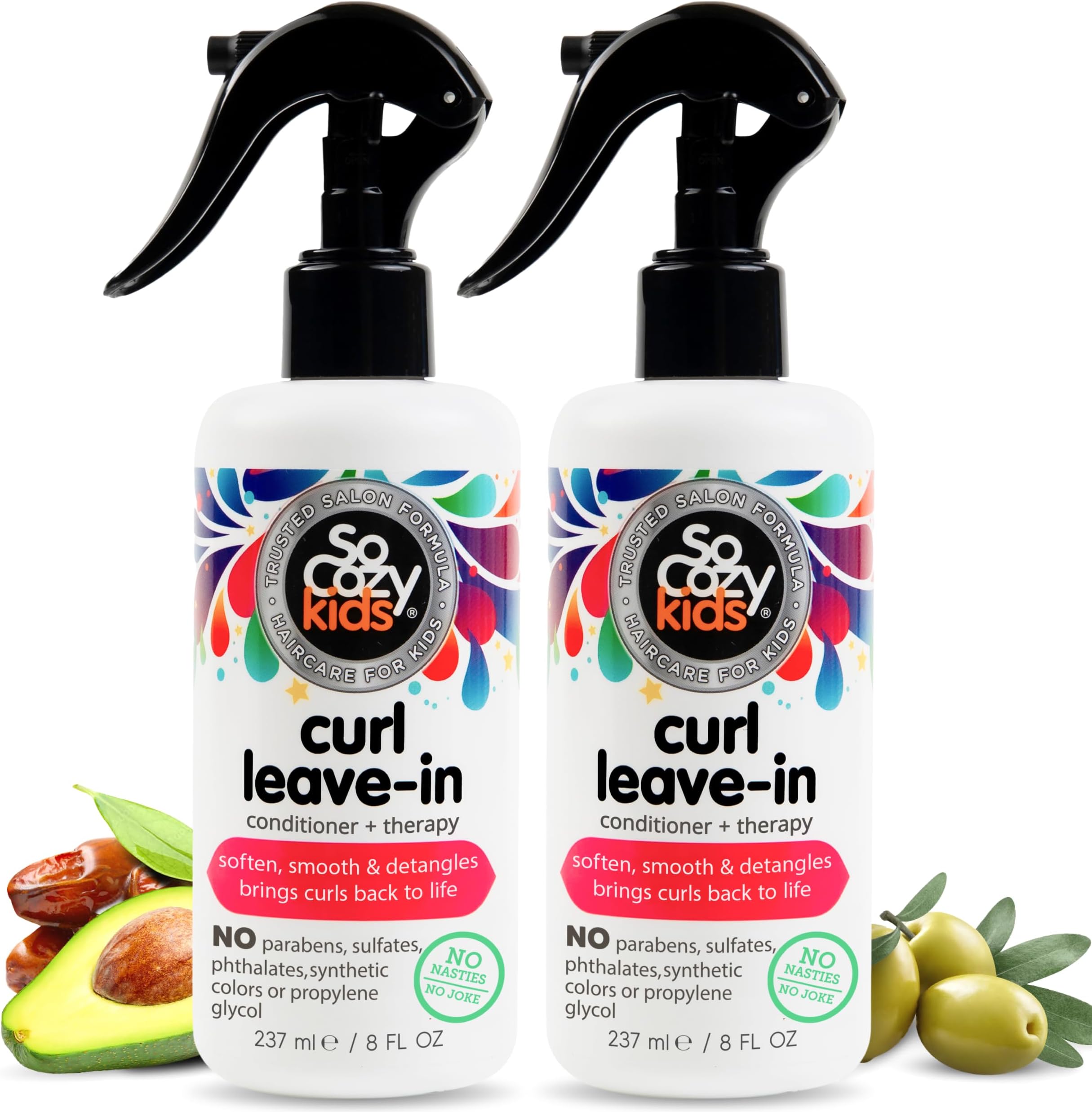SoCozy Leave In Conditioner Spray (8 Fl Oz, Pack of 2) Detangler for Kids' Curly Hair, Tangle-Free Curls, Gentle & Nourishing with Keratin, Vitamin B5, Olive & Jojoba Oil, Paraben-Free