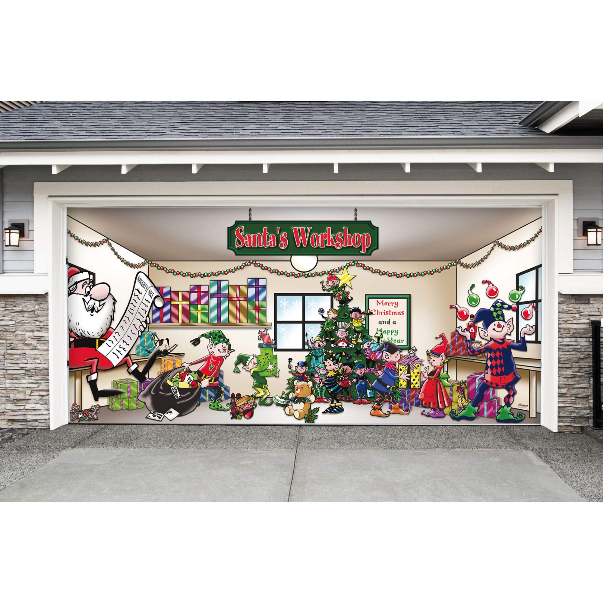 CC Home Furnishings 7' x 16' Red and Green Santa's Workshop Outdoor Double Car Garage Door Banner
