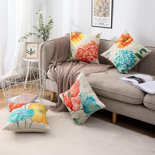 Miniatura 7 de JOJOGOGO Juego de 4 fundas de almohada de verano para exteriores de 16 x 16 pulgadas, impermeables, juego de 4 almohadas florales de hortensias y