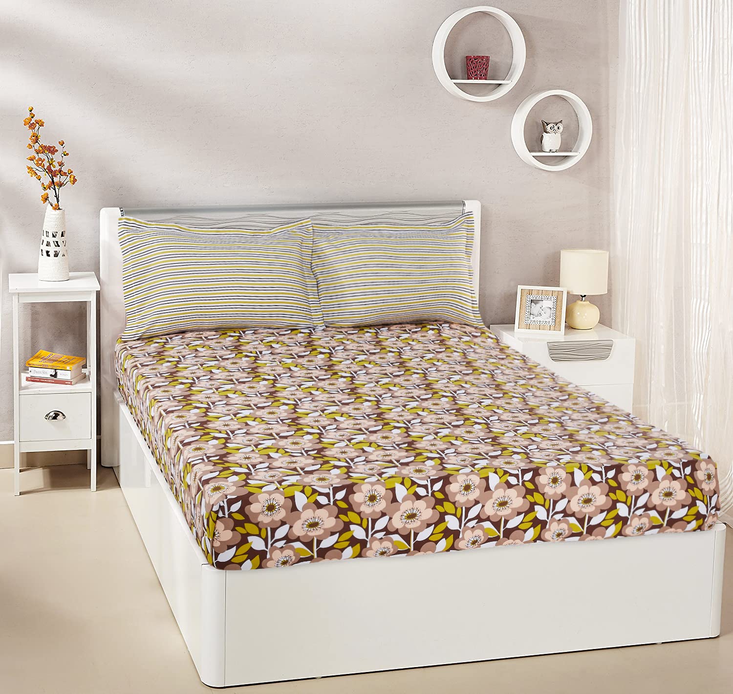 Amazon Brand Solimo 120 TC 100 Cotton Double Bedsheet with 2 Pillow Covers, Blossom Bliss