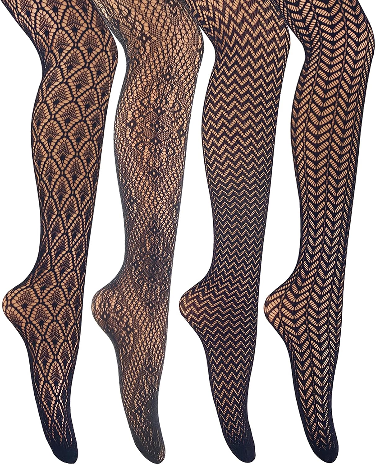 MANZI Womens Fishnet Tights Patterned Stockings Stretch Fishnets Panty Hose One Size Black, Diamond & Wave Patterned