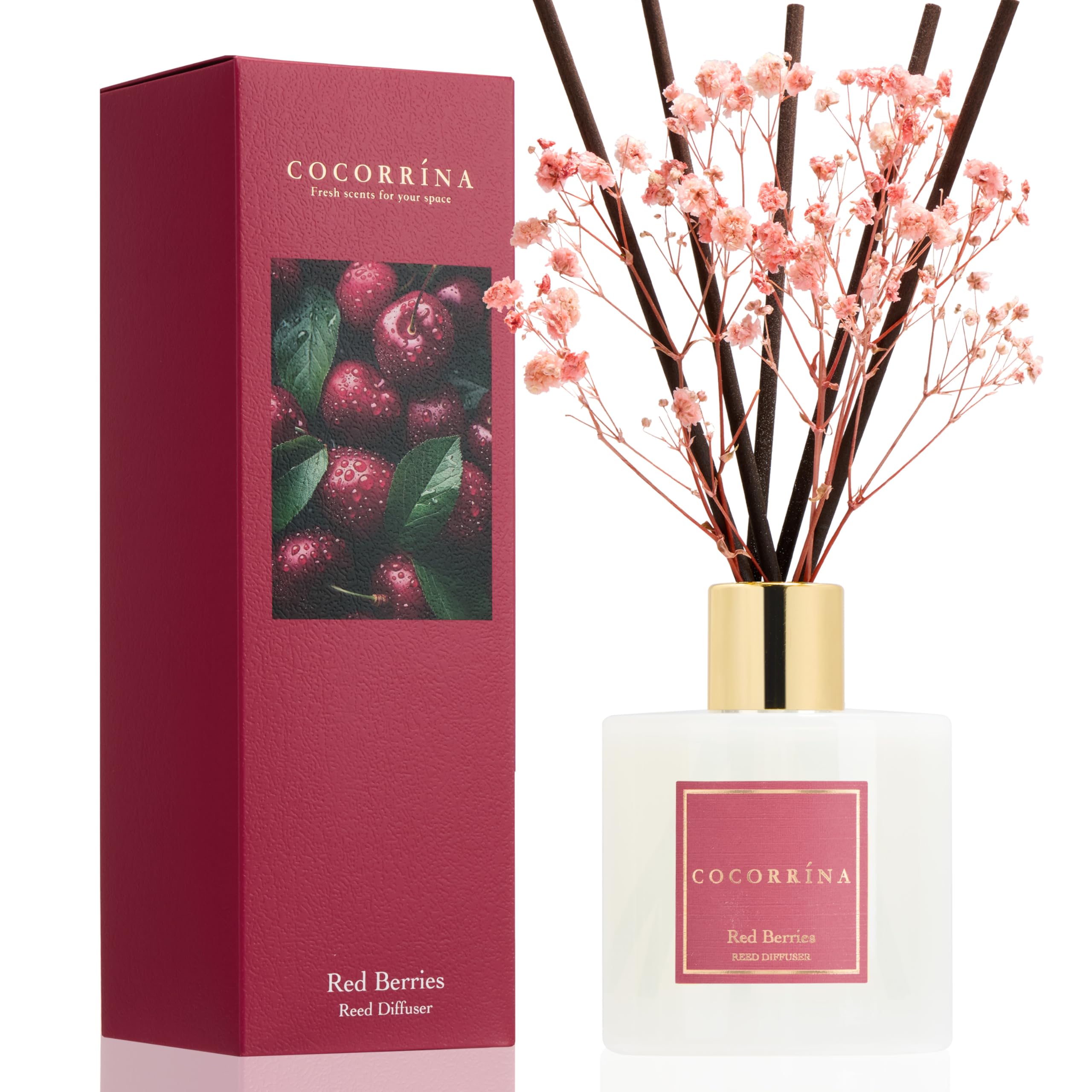 COCORRÍNA Reed Diffuser - Red Berries 6.7 fl oz Reed Diffuser with Sticks, Home Bedrrom Bathroom Shelf Decor