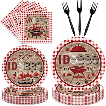 96PCS I DO BBQ Plates and Napkins Party Supplies BBQ Bridal Shower Decorations Bar B Q Wedding Engagement Barbecue Disposable Paper Tableware Set Serves 24 Guests