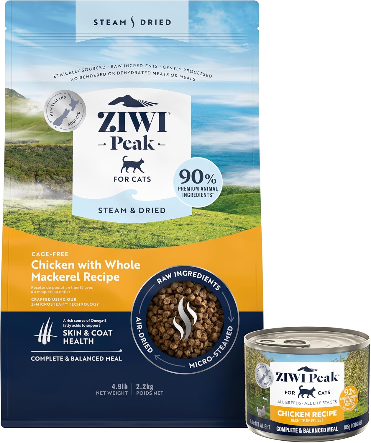 ZIWI Peak Large Chicken Cat Food Bundle- Steam & Dried Chicken w/Whole Mackerel (78.4oz) + Canned Chicken (Case of 12, 6.5oz Cans)