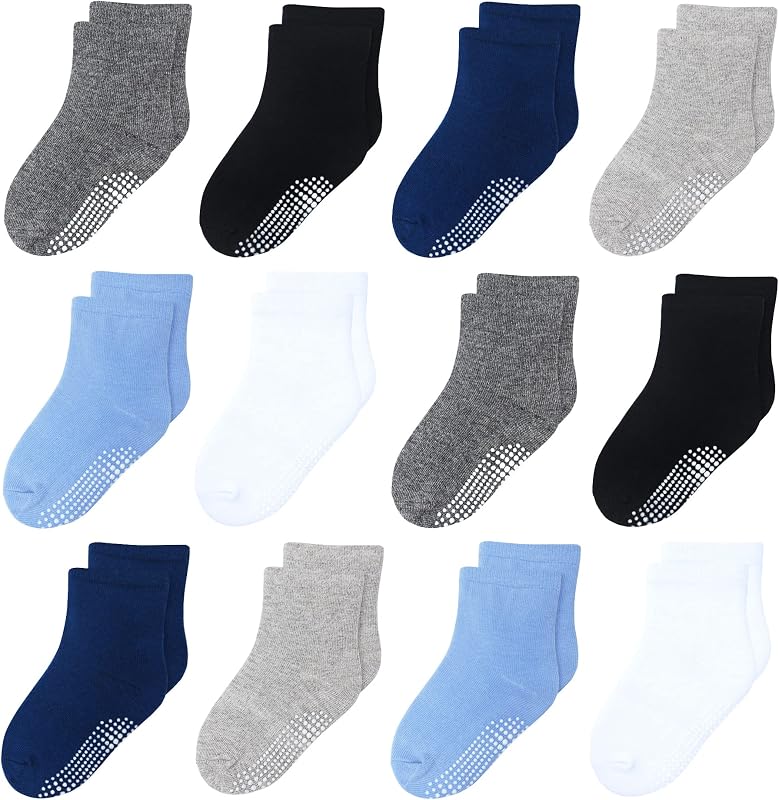 medias antideslizantes Grip Crew para 1-7 años bebé niño niña | Pack de 12 medias Grip Cotton multicolores para 1-3T/3-5T/5-7 años unisex