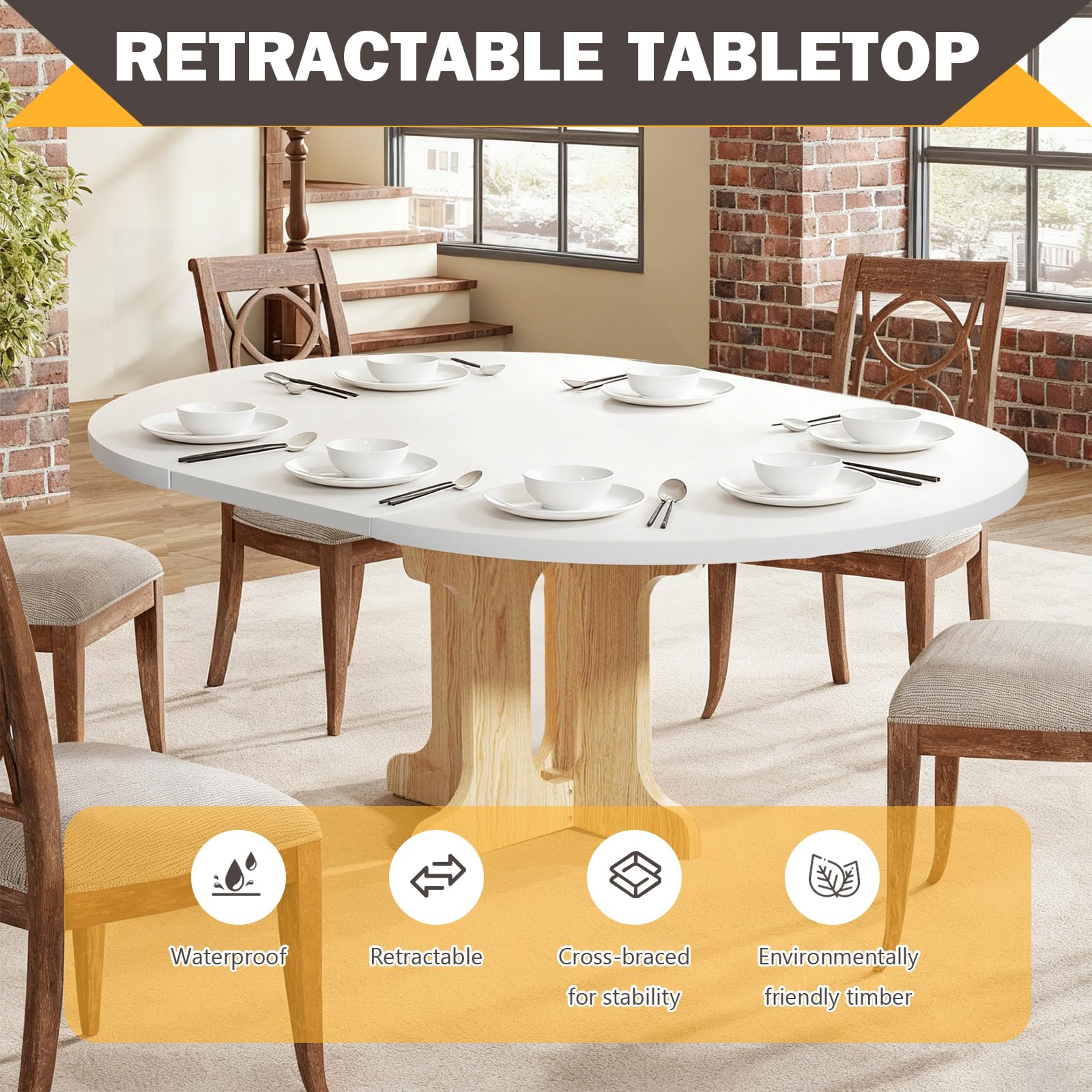 Tavolo da pranzo rotondo allungabile 90-120 cm, moderno per 2-8 persone, tavolo da cucina ovale con robusto telaio a colonna, salvaspazio, per cucina e sala da pranzo (bianco)