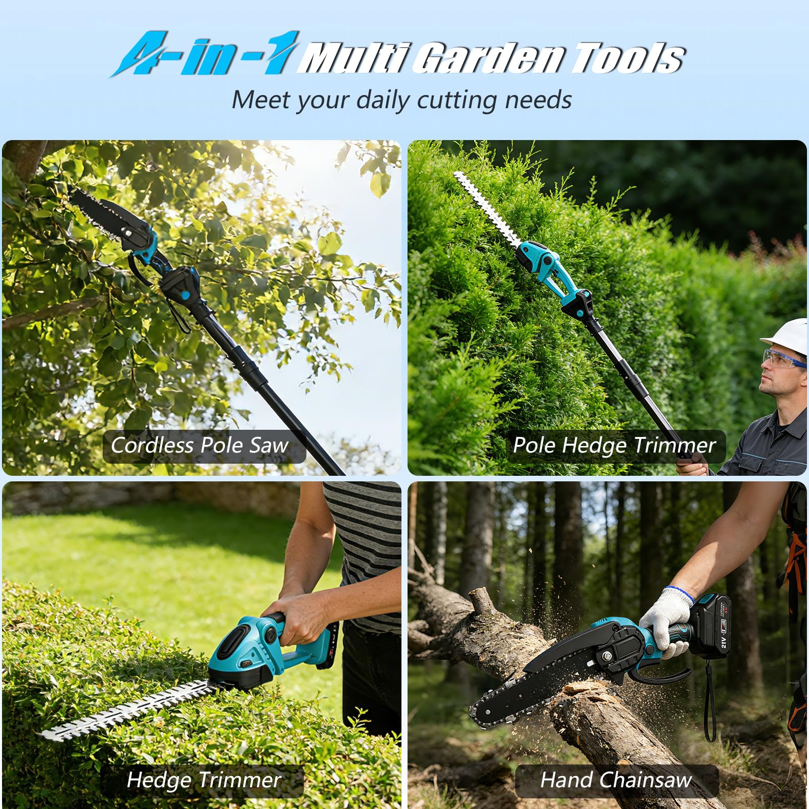 Motosierra y Cortasetos Batería con Pértiga Telescópico, 4 en 1 Kit de Herramientas Jardín, Podadora de Altura Electrica con 2 Baterías 4000 mAh, 4 Cadenas, Gafas, Guantes para Cortar Arbusto y Ramas