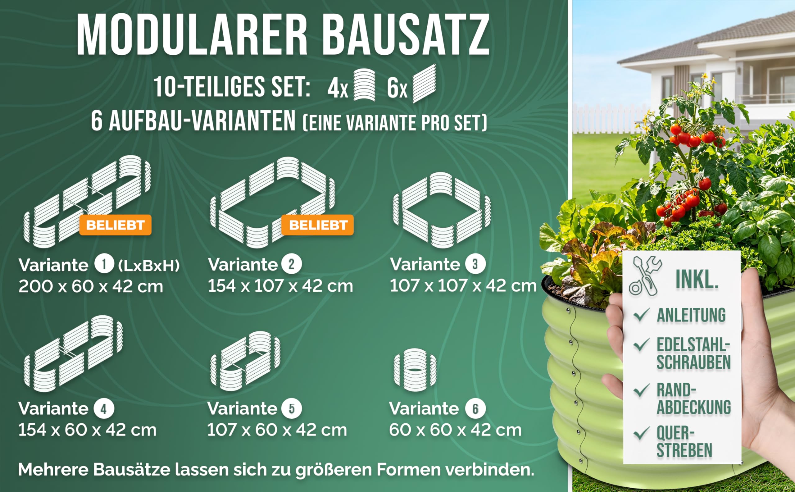 HOFGARTEN Hochbeet Metall 200x60x42 cm - Hochwertiges Gartenbeet aus Zn-Al-Mg Stahl - wetterfest & rostgeschützt - Modularer 6-in-1 Bausatz QuickGrow (Salbei)