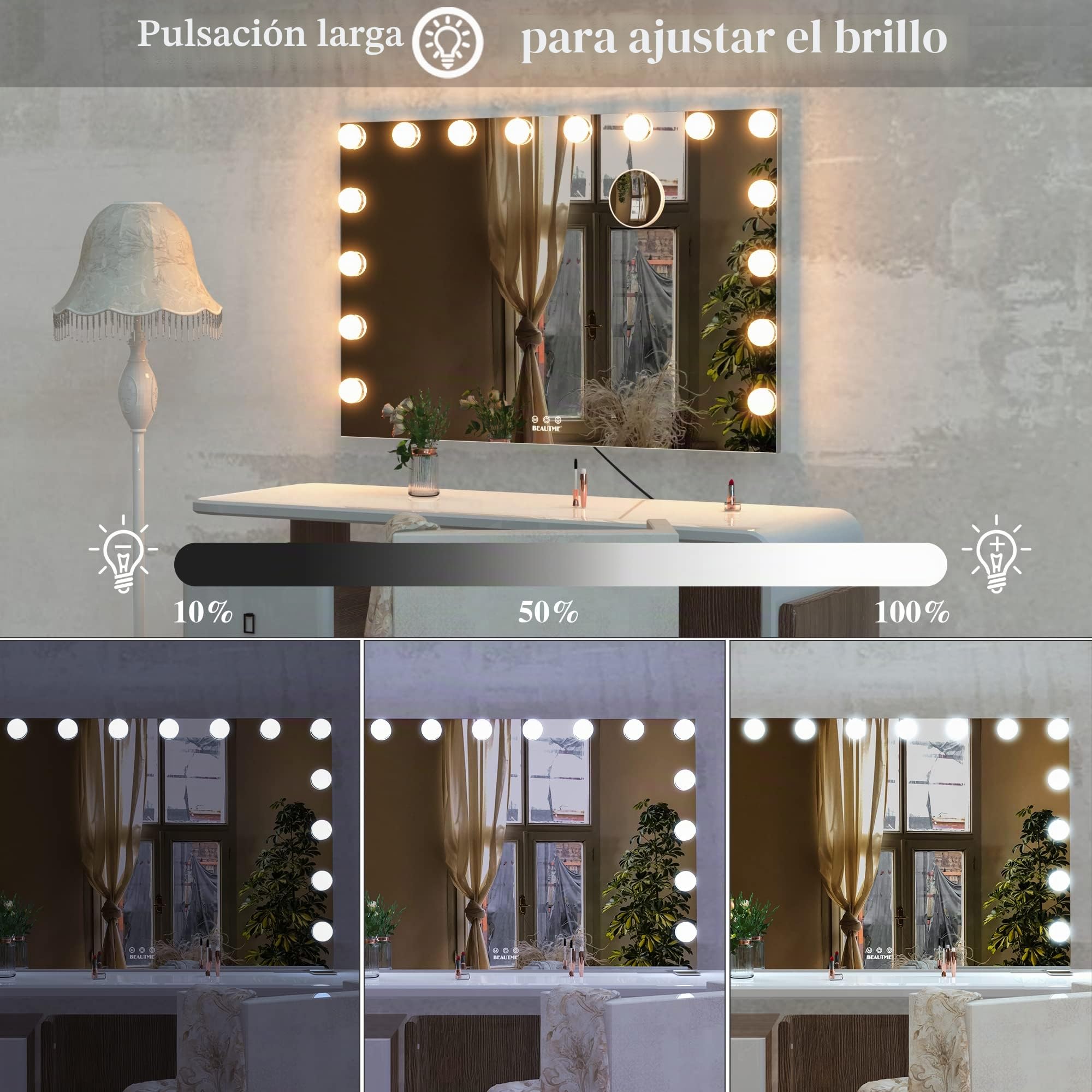 ANYHI Espejo Maquillaje con Luz 91 x 62 cm, Espejo Tocador con 16 Lámparas LED Regulables, Espejo Maquillaje Pared con Lupa 10X y 3 Modos de Luz, Espejo Hollywood de Mesa Grande (Plata)