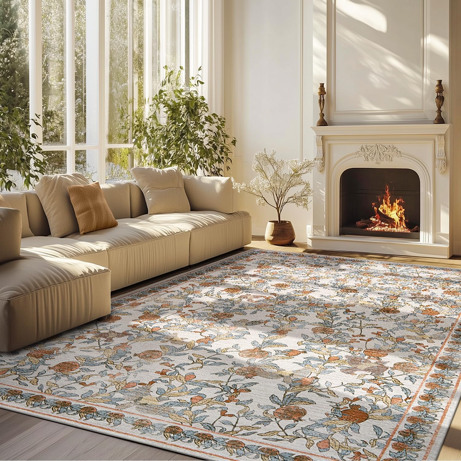 jinchan eden 8x10 floral area rug autumn vintage washable throw rug soft non-slip low pile distressed large orange fall decor carpet for living room bedroom dining room office nursery 8' x 10' (rectangular) eden orange