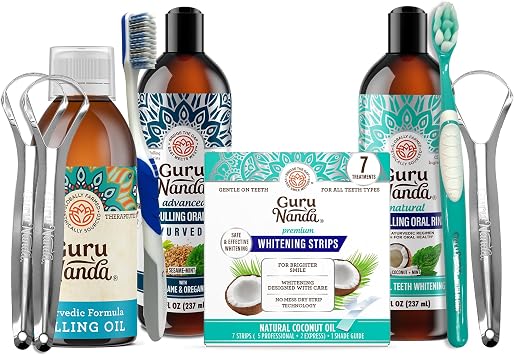 GuruNanda Advanced Formula Oil Pulling with Tongue Scraper, Original Oil Pulling, Mickey Ds Coconut and Peppermint Oil Pulling & Express Whitening Strips- for Fresh Breath & Healthy Teeth & Gums