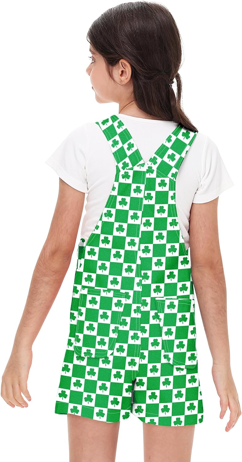 AOBUTE St Patricks Day Denim Overalls for Kids Carnival Irish Sahmrock Printed Jumpsuit 5-15 Years