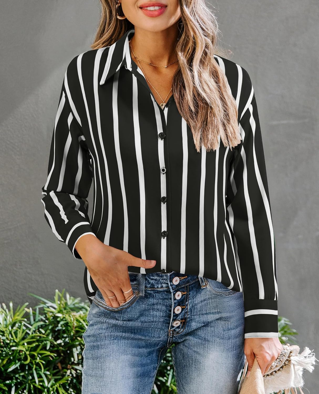 siliteelon Button Down Shirts for Women Striped Long Sleeve Oversized Boyfriend Blouses Collared Work Drop Shoulder Tops - Image 2