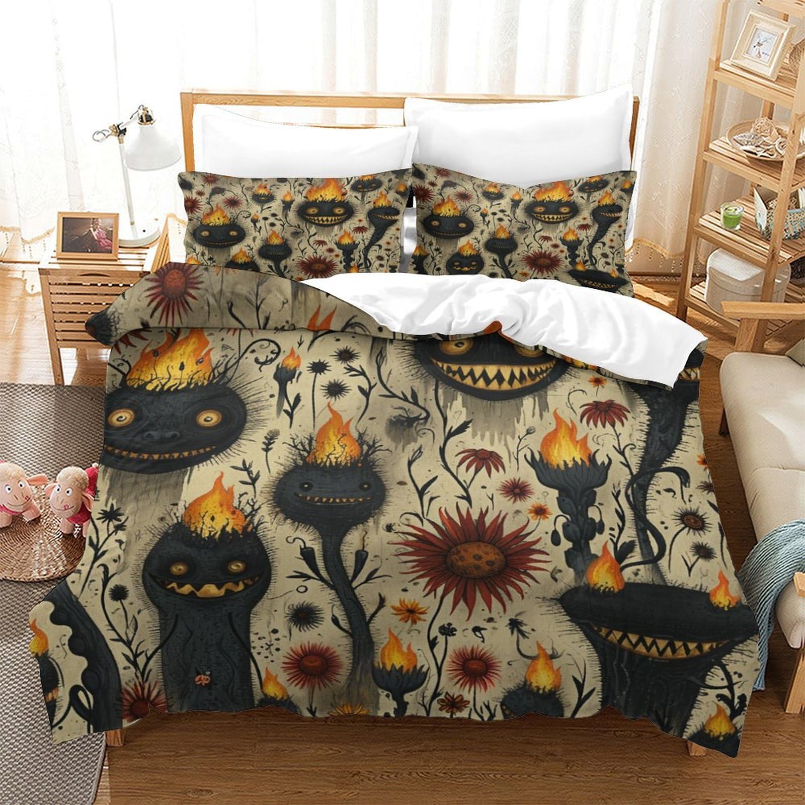P1S9U7W5Y 3D Printed Halloween Pumpkin Monster 3pcs Duvet Cover Set Microfiber Cartoon Pumpkin Bedding Set Double（200x200cm）
