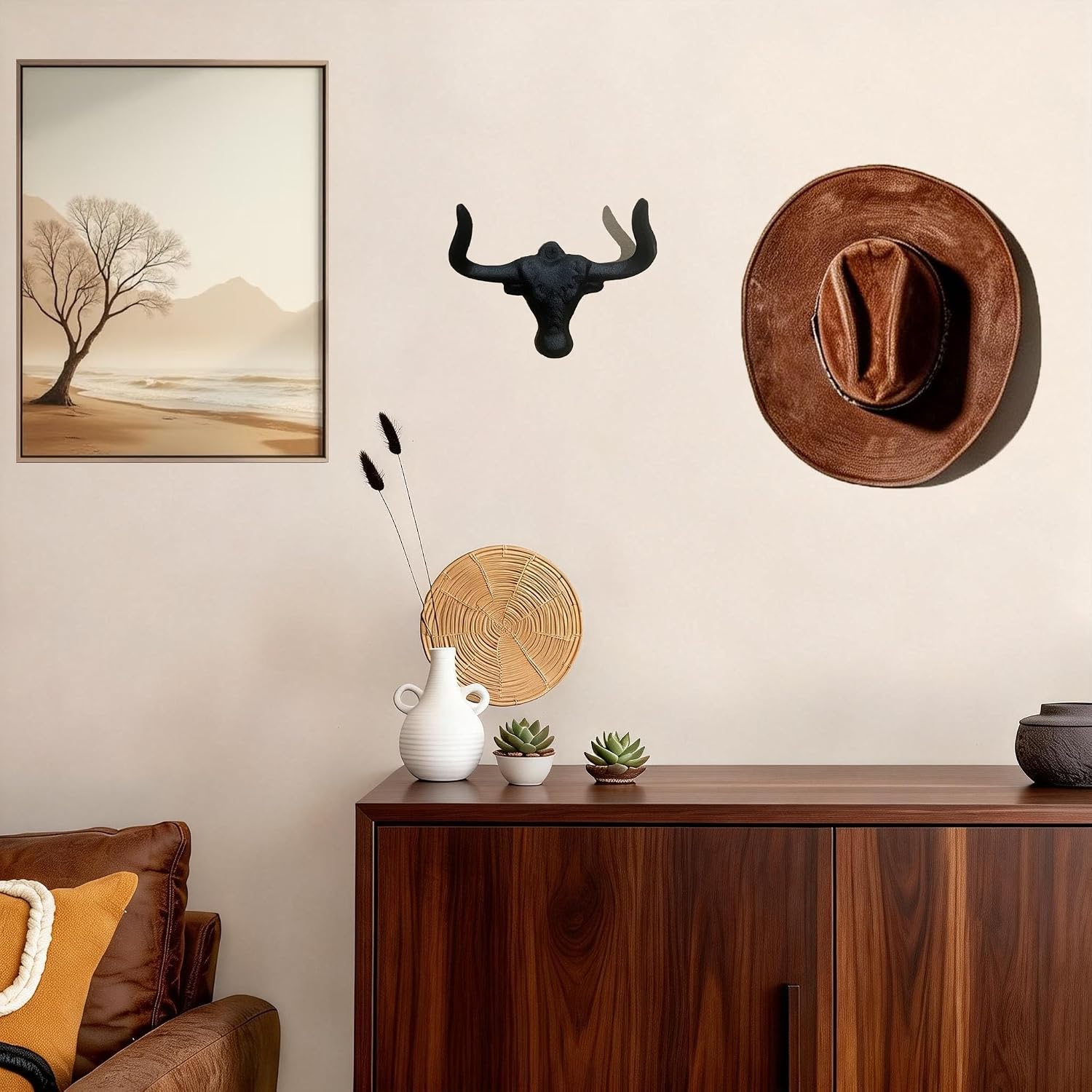 Cowboy Hat Holder for Wall, 4 Pack Cowboy Hat Rack Cast Iron Hat Holder Cowgirl Hat Hooks Vintage Western Wall Decor for Bathroom Entryway Closet Cow Bull Animal Farmhouse Gift Antique Rust