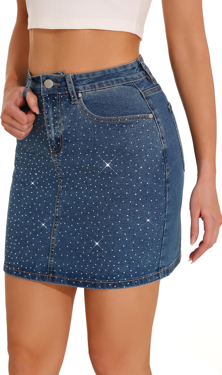GUANYY Jean Skirts for Women Denim Sparkle Rhinestone Diamond High Waisted Stretch Mini Skirt - Image 8