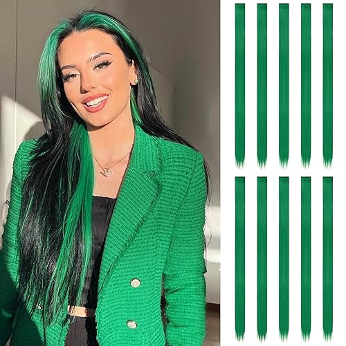 Miniatura 50 de FESHFEN Extensiones de Cabello con Clip de Colores - 10 PIEZAS Mechón de Cabello con Reflejos Azul Oscuro Extensiones Sintéticas Lisas con Clip