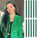 FESHFEN Colored Clip in Hair Extensions - 10 PCS Green Highlighted Hair Piece Straight Synthetic Clip in Hairpieces for Women 22 inch