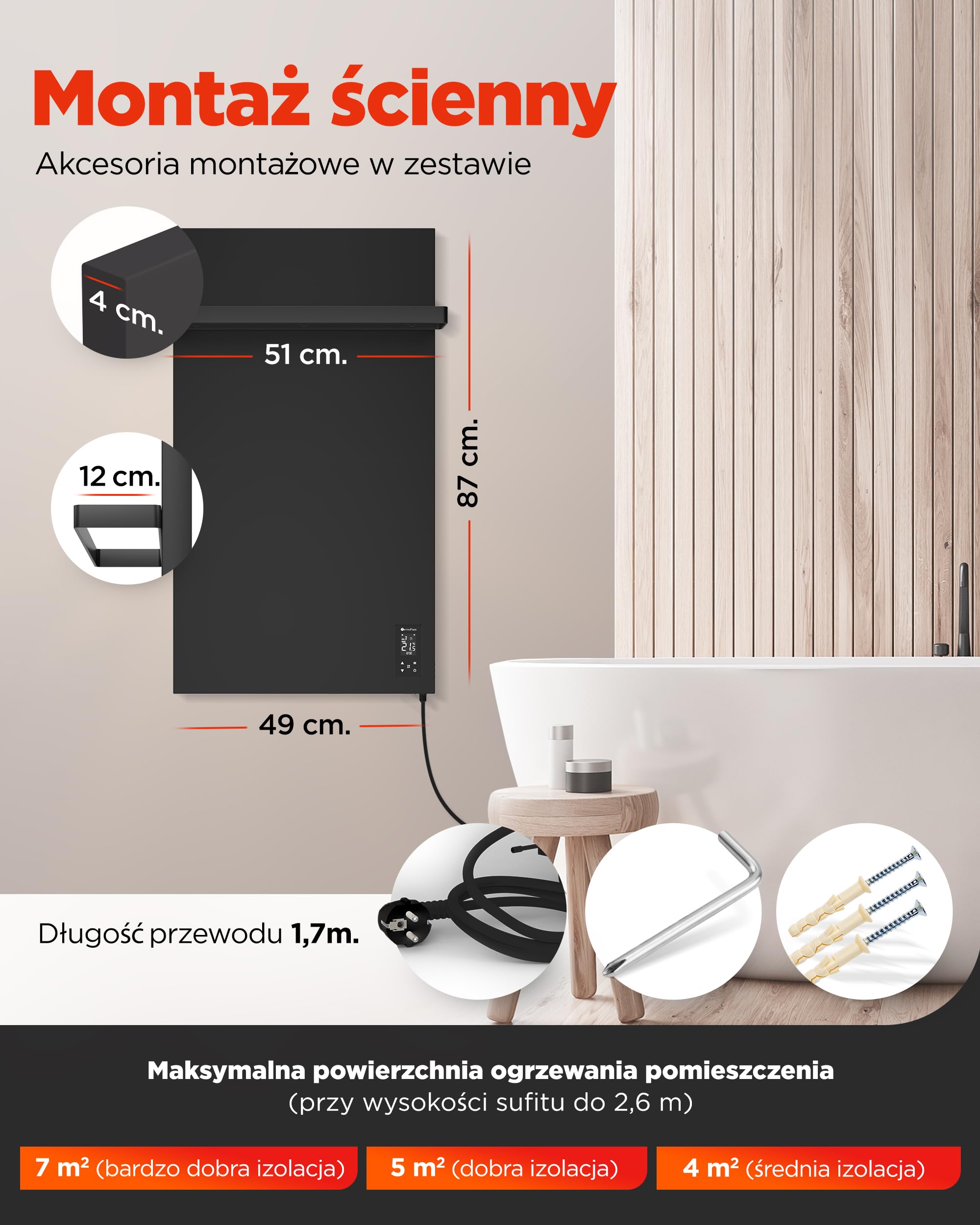 TermoPlaza WiFi Promiennik na Podczerwień 270 W do 7 m² | Inteligentny elektryczny grzejnik ścienny | Grzejnik łazienkowy z wieszakiem na ręczniki i termostatem | Grzejnik elektryczny do łazienki