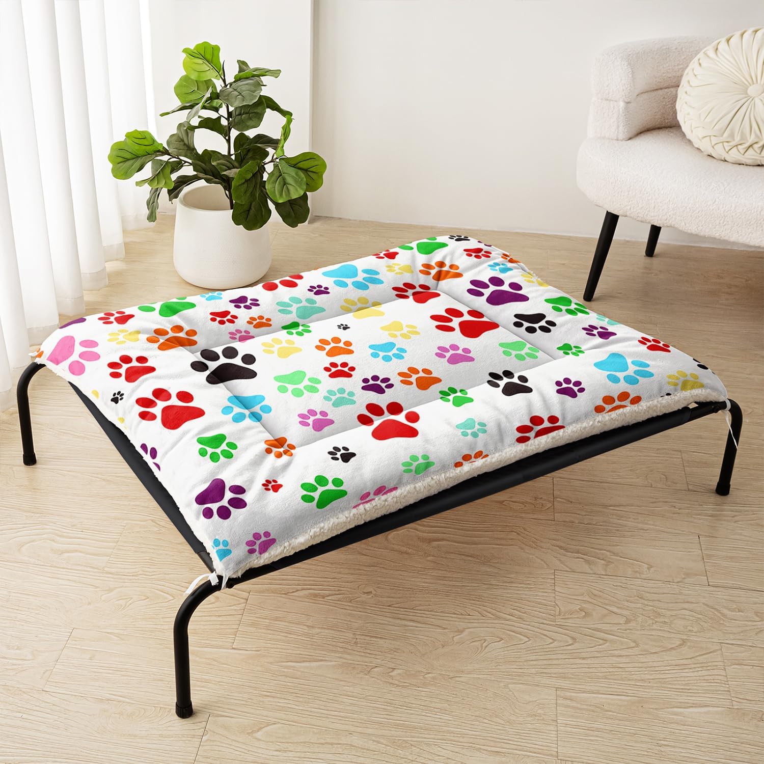 Rainbow Paw Print Dog Crate Pad - Soft Washable Pet Bed Mat for Kennel & Home - Colorful Paw Pattern Puppy Sleeping Mat - Non-Slip Dog Bed Liner (L)