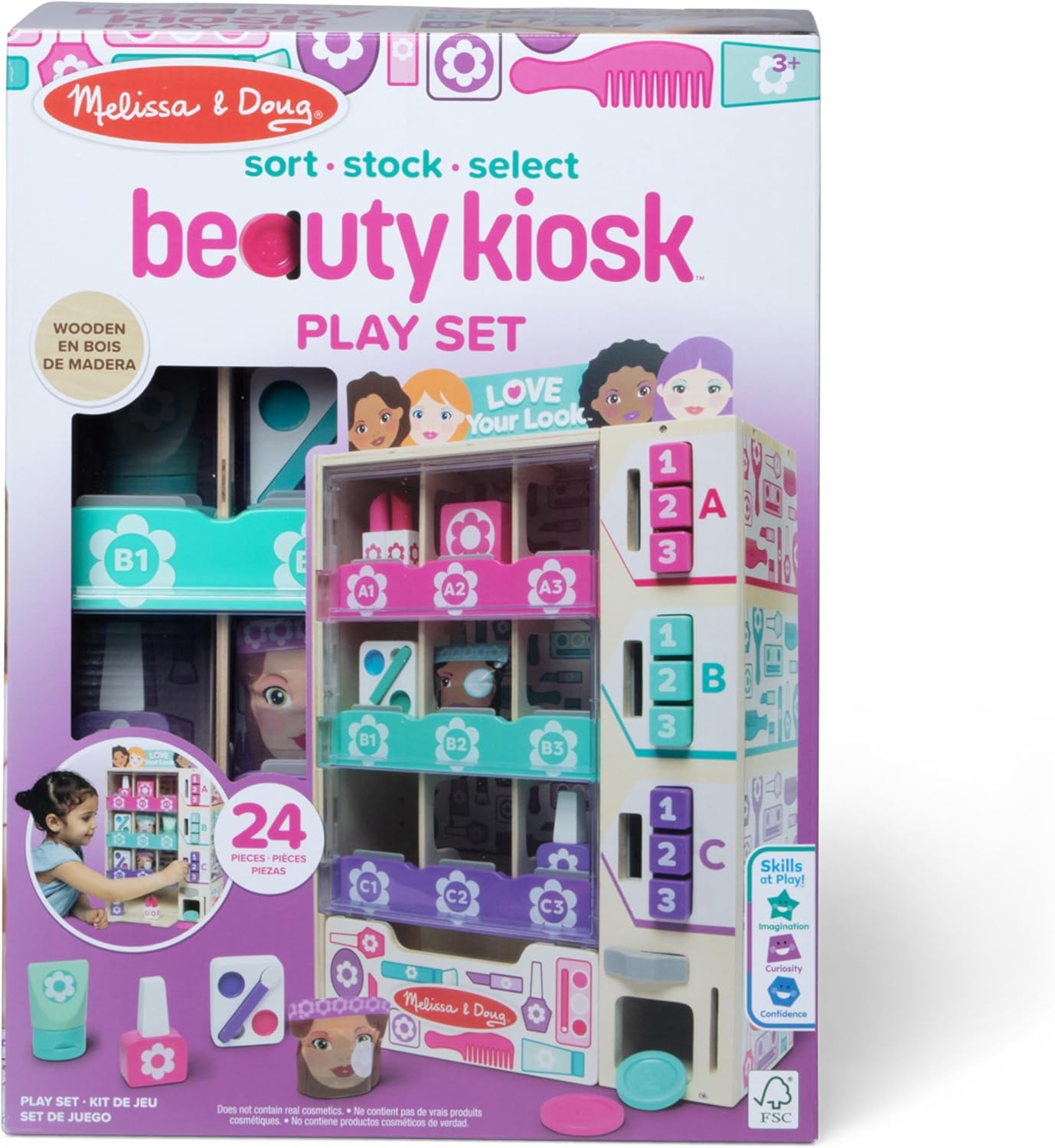 Melissa & Doug Sort, Stock, Select Beauty Kiosk Vending Machine Play Set, Pretend Makeup Wooden Toy for Boys and for Girls 3+ - FSC Certified