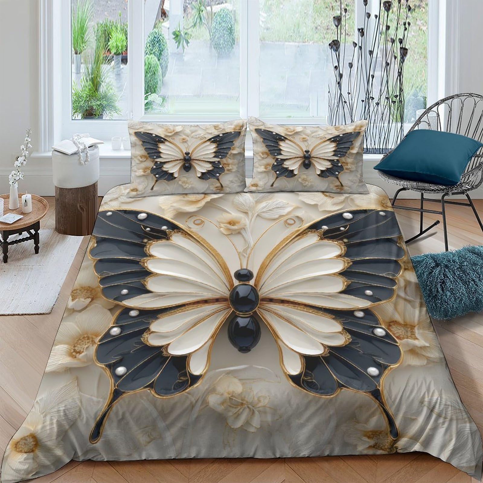 P5V6M1Q9 3D Printed Elegant Butterfly Duvet Cover Microfiber Soft Breathable Floral Bedding Set with 2 Pillowcases for Bedroom Decor Single（135x200cm）