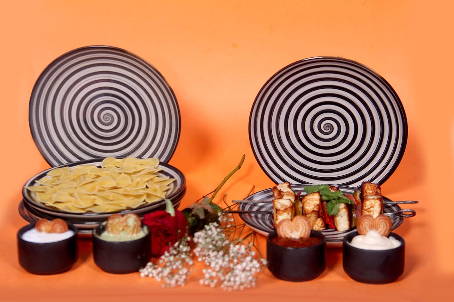 Xatom Ceramic Set of 6 Black Quarter Plate with 4 Chutney Katori