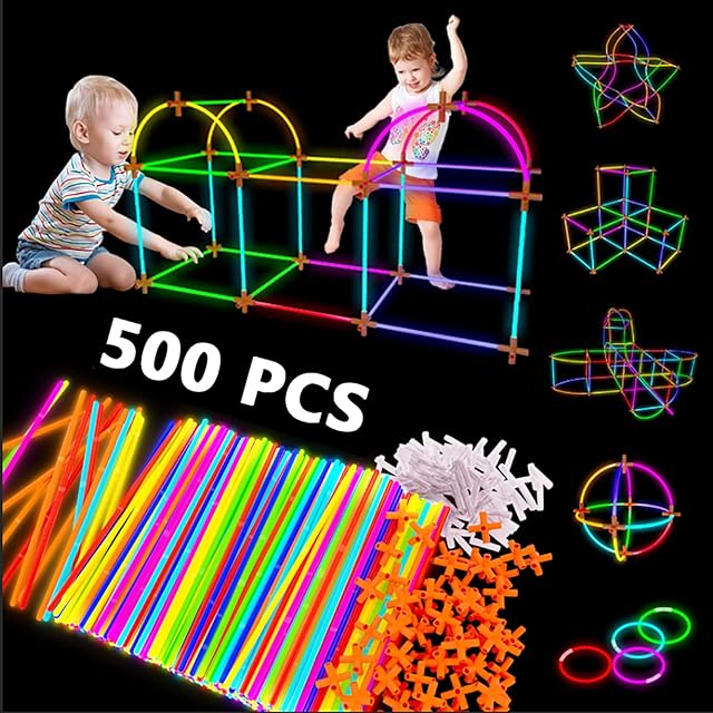DELEE Glow Sticks Bulk,500PCS Glowsticks Party Packs,Glow in the Dark Party Supplies Decorations,Fort Building Blocks for Kids,Construction Blocks Party Favors Gift for Kids Boys and Girls