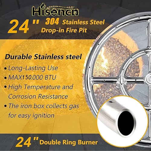 Miniatura 3 de Hisencn Kit de anillos para quemador de fogata de 24 pulgadas, acero inoxidable 304, redondo con encendido por chispa y manguera de propano para