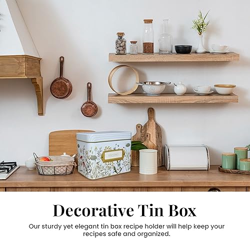 Vista 2 de SENSORY4U - Caja de almacenamiento para recetas de hojalata con tarjetas - Estampado de flores silvestres - Incluye 100 tarjetas de 4x6 y 12