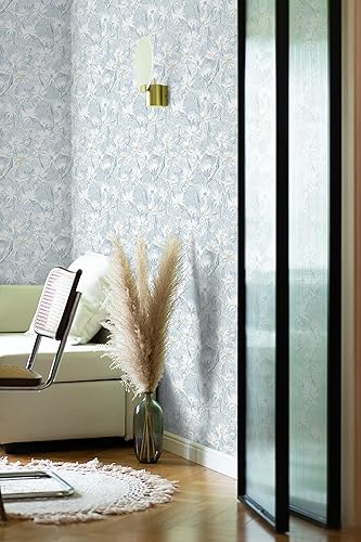 Miniatura 3 de Fiula Papel pintado de loto azul, papel tapiz de flores autoadhesivo, 15.5 x 197 pulgadas, papel tapiz autoadhesivo decorativo para estantes y