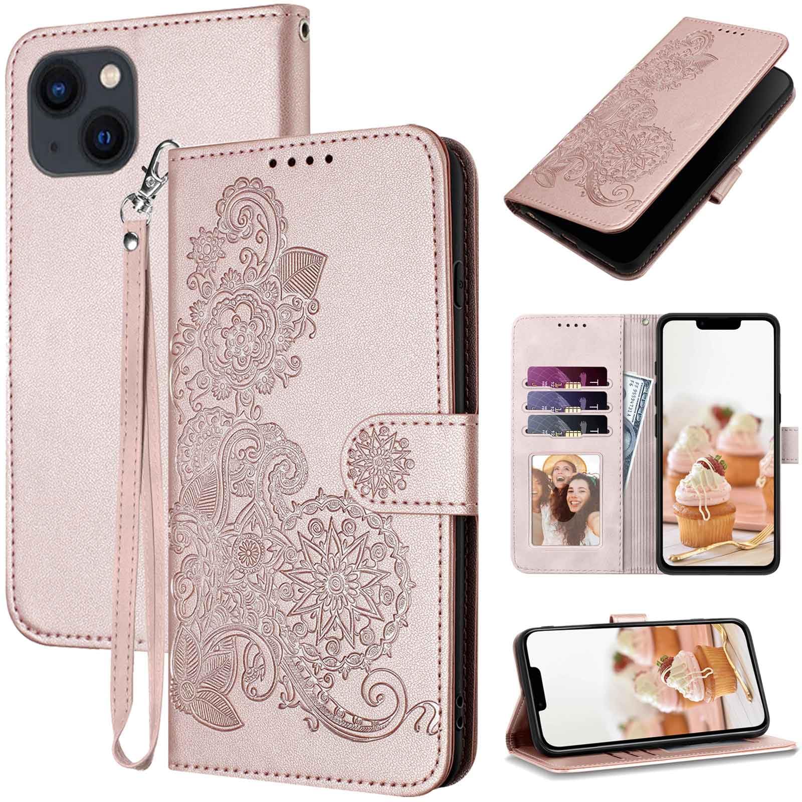 JHWVVTF for iPhone 14 Case Wallet, Cute Floral Pattern Leather for Women Girl, Card Holder Kickstand Flip Cases, Wrist Strap, Magnetic Closure,