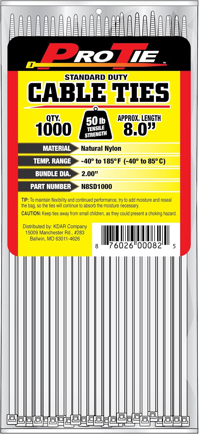 Pro Tie Standard Duty, Self-Locking UV Nylon Cable Wire Ties for Indoor and Outdoor Use |8-Inch, 50 lbs. Tensile Strength, UV Black Nylon, 1000-Pack (PN: B8SD1000)