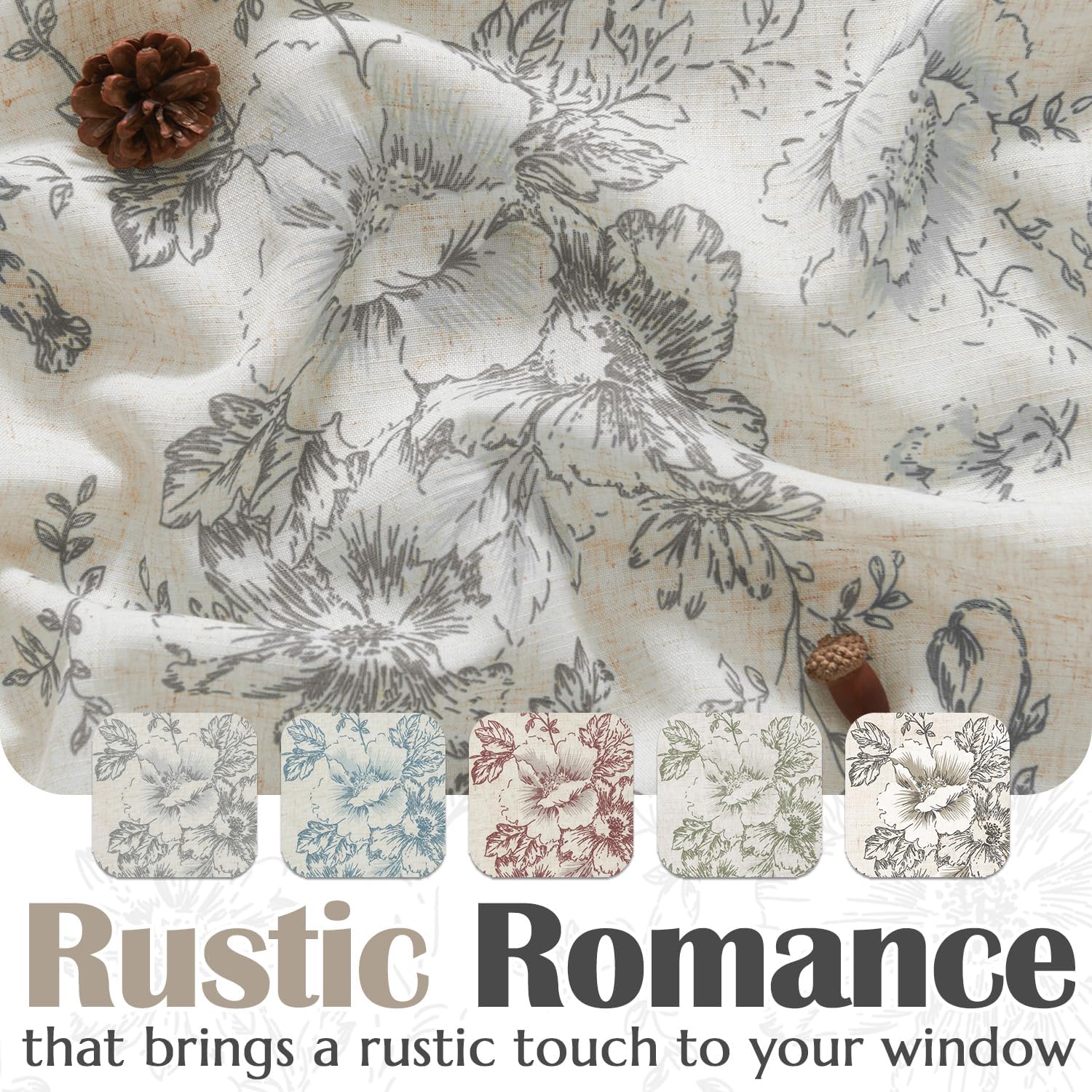 jinchan Alice Linen Floral Valance Farmhouse 1 Panel Grey on Linen