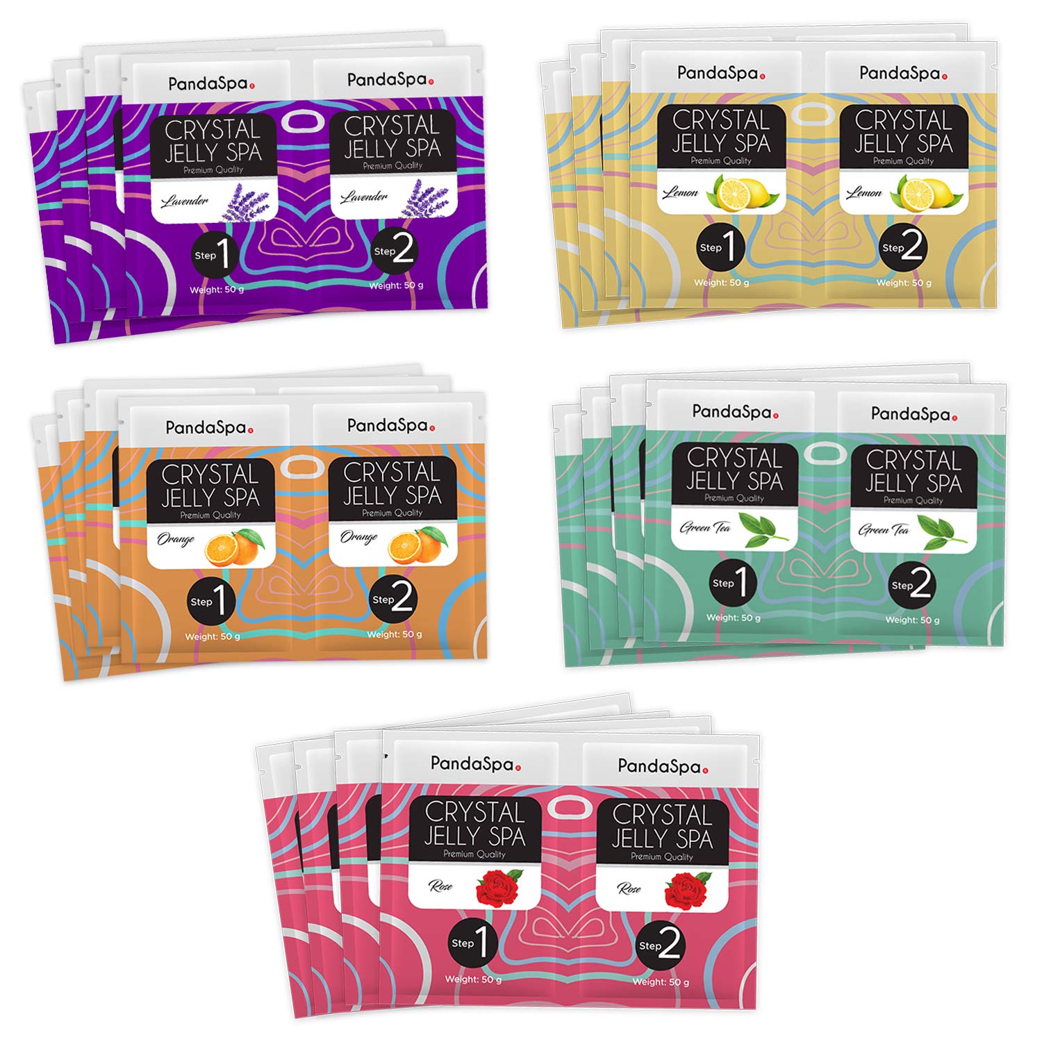 Pandaspa Crystal Jelly for Pedicure Spa Foot Bath Soak Set - Lavender, Orange, Lemon, Green Tea, Rose (Set of 20 (4 Sets of each fragrance))