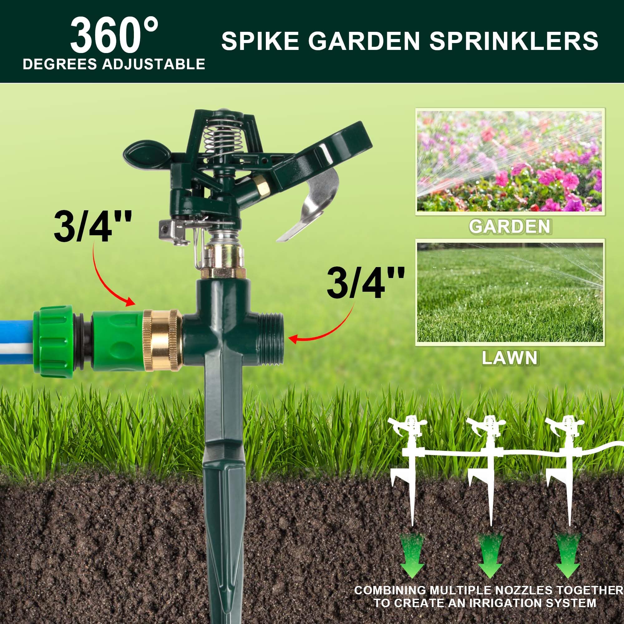 Paquete de 2 aspersores de jardín con pinchos, aspersor de impacto en base de estaca de metal, aspersor de agua de aleación de zinc ajustable para riego de 360 grados de gran área de patio, jardín,