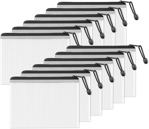 SUNEE Plastic Mesh Zipper Pouch 6x9 in (Black, 12 Packs),Extra Large Water-Resistant Zip Bag for School Office Supplies, Puzzles & Games Organizing Storage