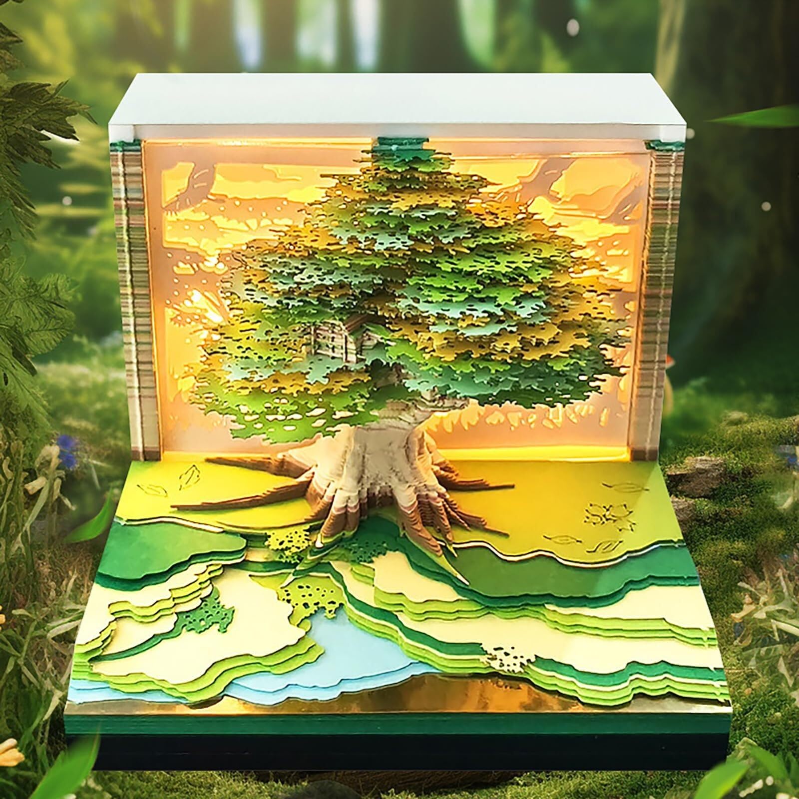 Inspirierender Tischkalender Kalender 2026, Schreibtisch-Notizblock mit 3D-Katzenmotiv aus Papier, Geschenkidee Geschenke für Kollegen(Tree-F,Without Light)