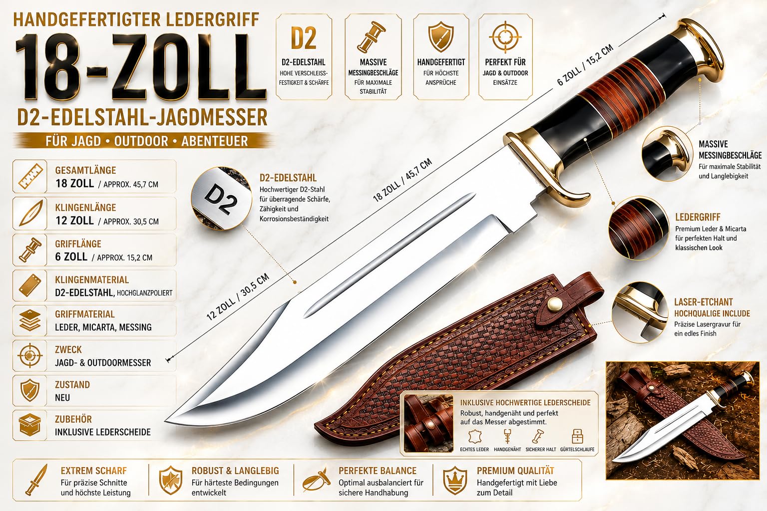 Novahaven Handmade Large Crocodile Hunting & Camping Bowie Knife with Leather Sheath Big Survival Fixed Blade Knife with Leather and Black Micarta Handle for Outdoor Camping Knives For Men