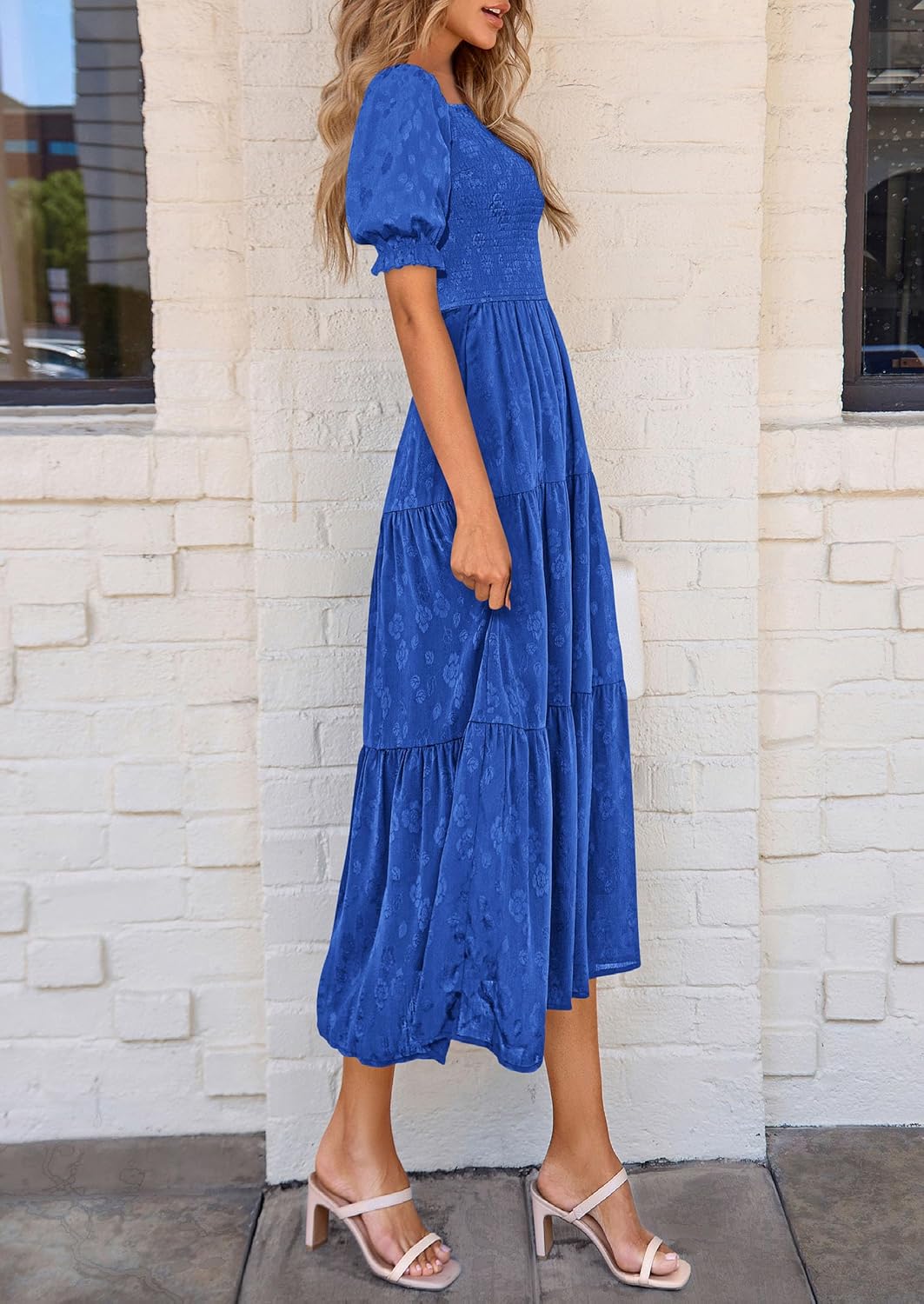 PRETTYGARDEN Women's 2026 Summer Casual Midi Dresses Square Neck Short Sleeve Smocked A Line Floral Flowy Elegant Boho Dress - Image 4