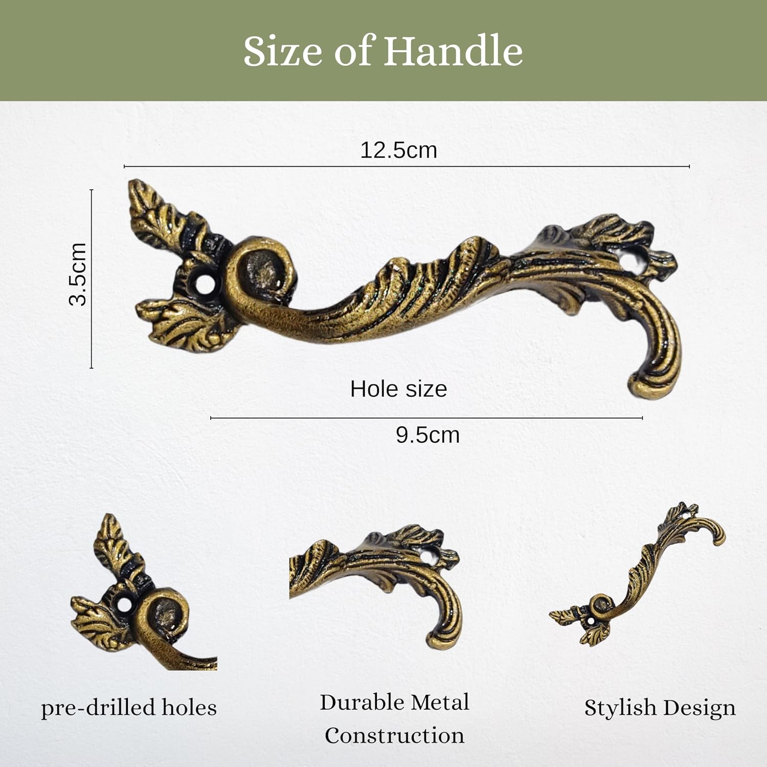 Antique Leaf Scroll Drawer Handle – Vintage Curved Metal Pulls for Dresser, Cabinet, Cupboard, Armoire – Ornate Hardware for Rustic, Victorian, Baroque, French Country Furniture Décor