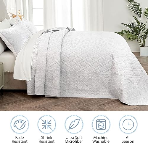 Miniatura 3 de Qucover Juego de edredón tamaño California King de gran tamaño, 3 piezas blancas de gran tamaño, juego de colcha de microfibra suave, delgada,