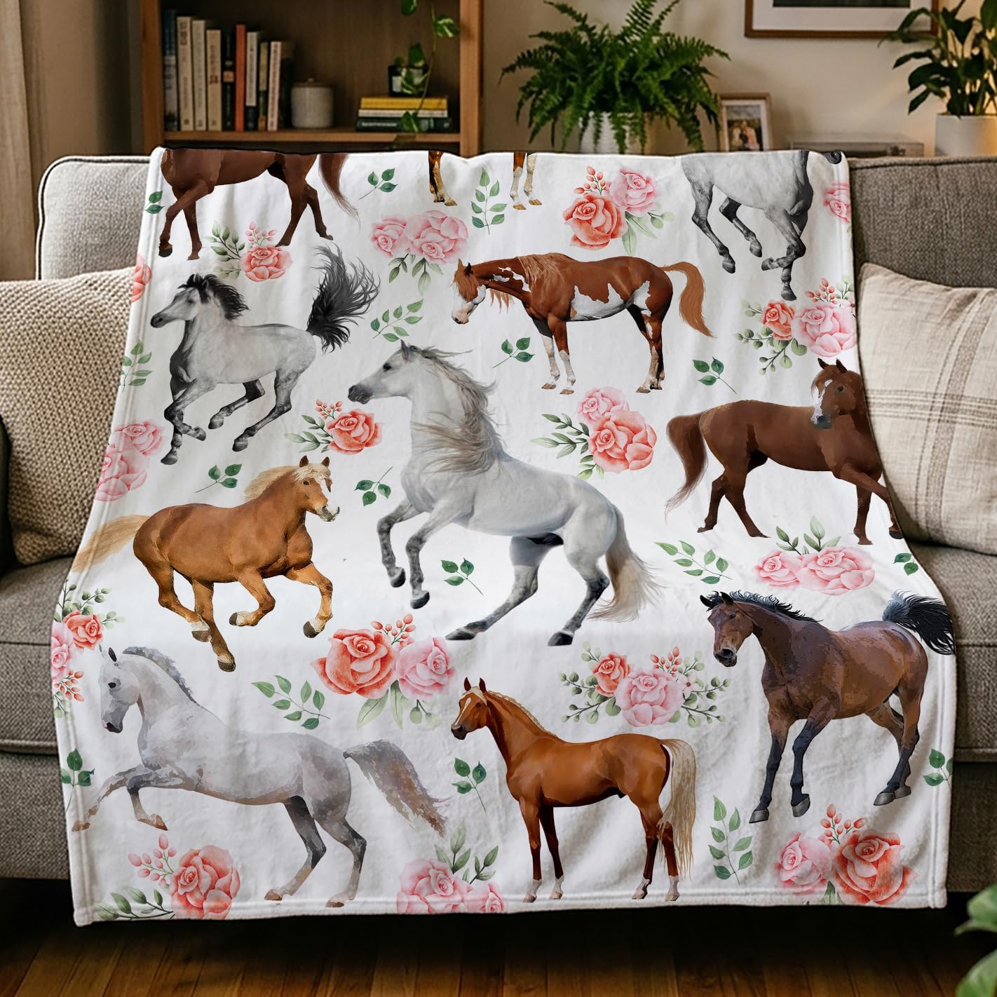 Horse Blanket Gifts for Girls Women,Ultra Soft & Lightweight & Cozy & Breathable Floral Flower Flannel Throw Blanket Farmhouse Decor,Gifts for Horse Lovers,60"x80"-Adults/Twin Size